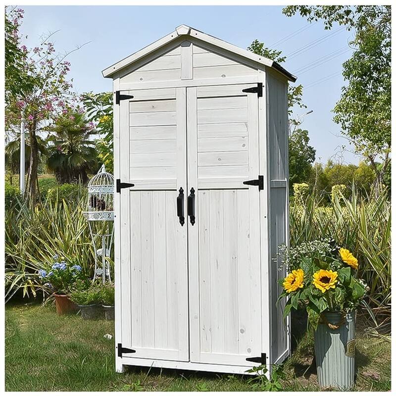 "67"" White Fir Wood Storage Shed with Double Doors for Tools, Equipment, and Backyard Organization " - N/A - White