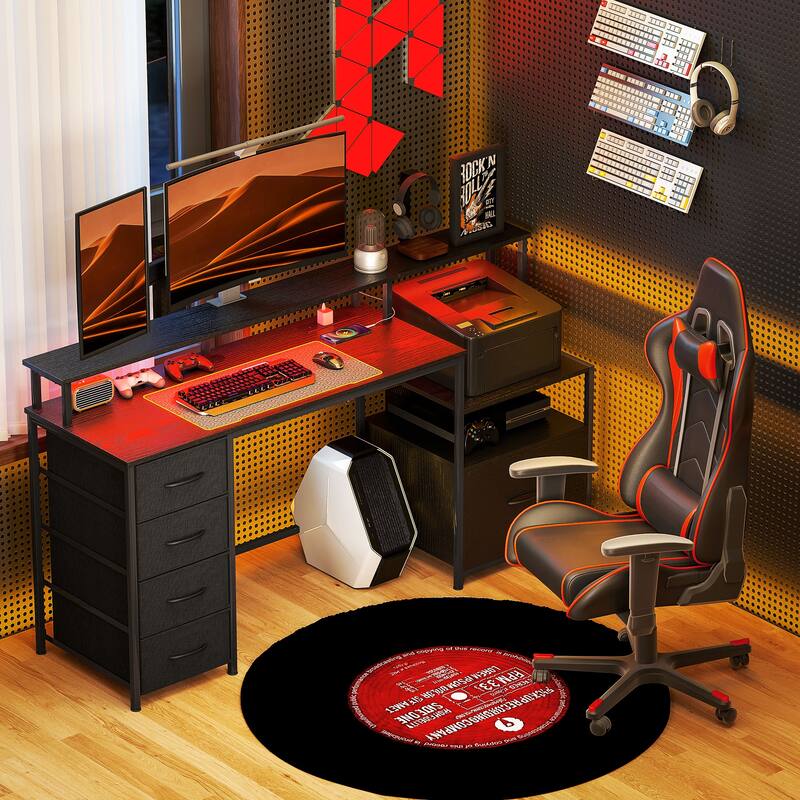 Distressed Black Gaming Desk with RGB Lights and Charging Station Storage Drawers