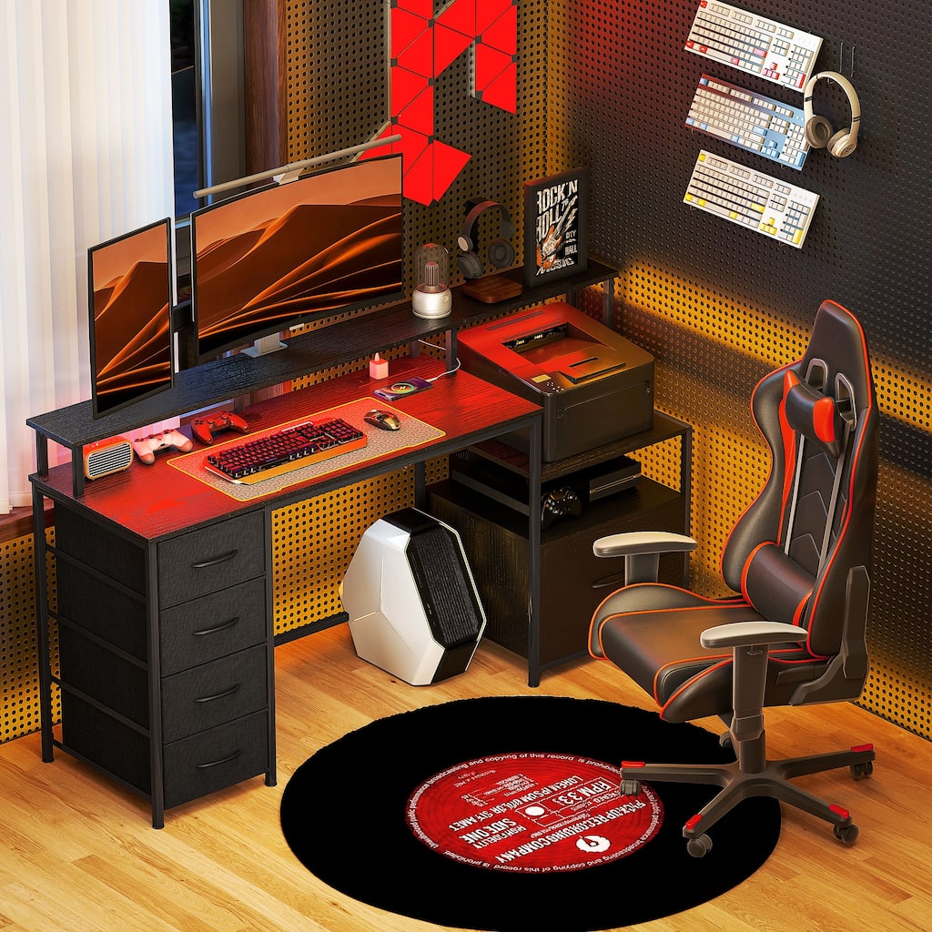 Distressed Black Gaming Desk with RGB Lights and Charging Station Storage Drawers