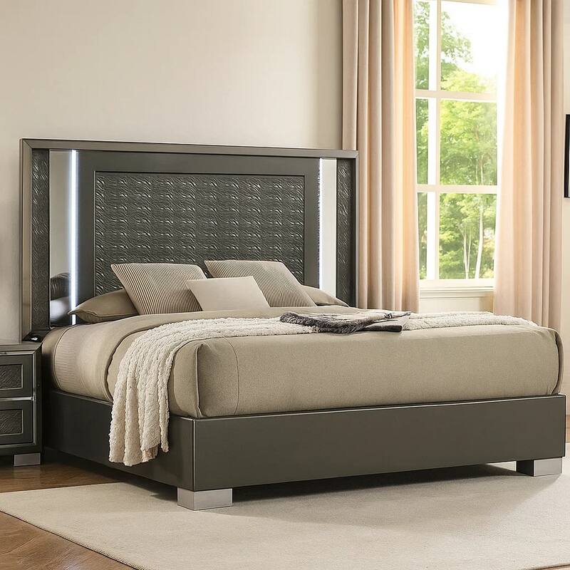 Levi Queen Bed, Dark Gray, Solid Teak and Rubberwood, Modern LED Lighting