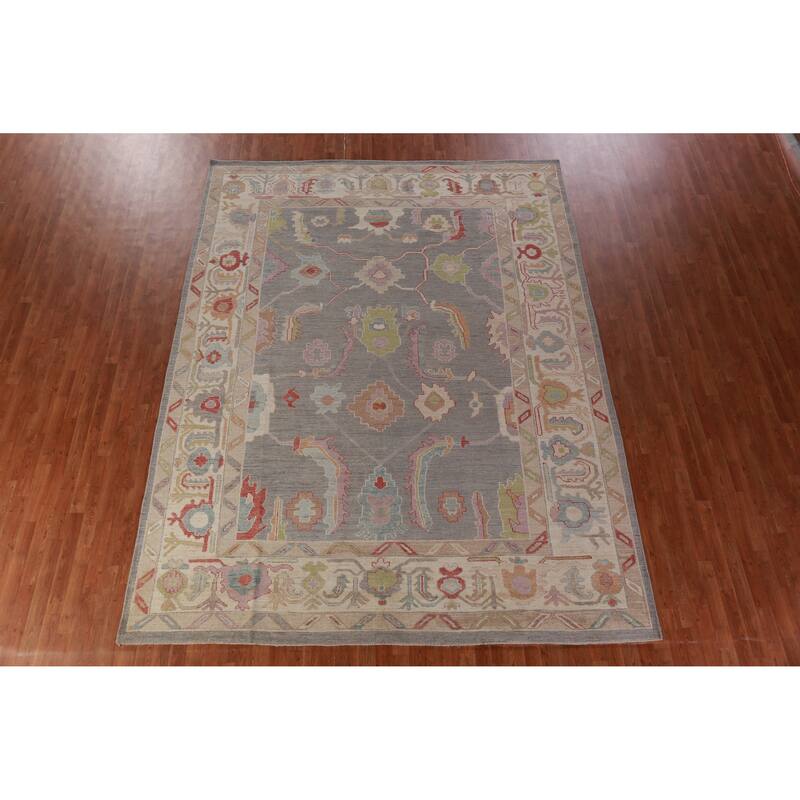 Hand Knotted Oriental 100% Wool Carpet Transitional All-Over Greys & Charcoal Oushak Area Rug - 11' 10'' X 9' 1''
