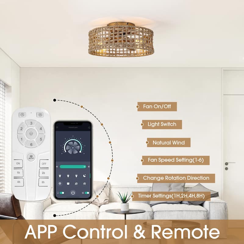 17.7" Natural Corn Straw Rope Gold Fandelier Flush Mount Ceiling Fan with Remote and App