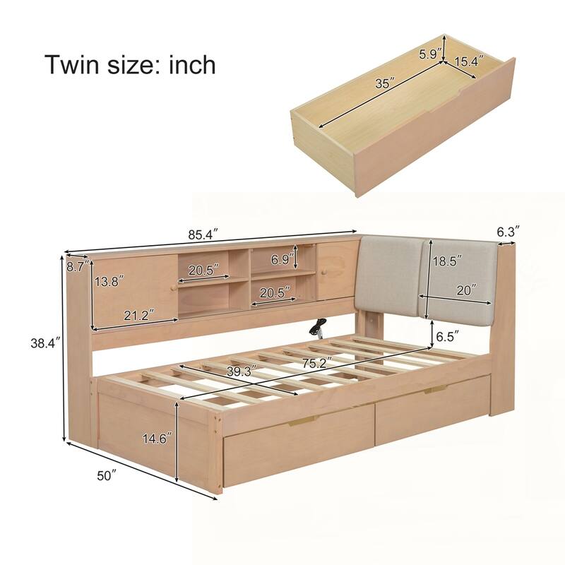 L-shaped Daybed Corner Bed with Storage Bookcase and USB Charging Ports