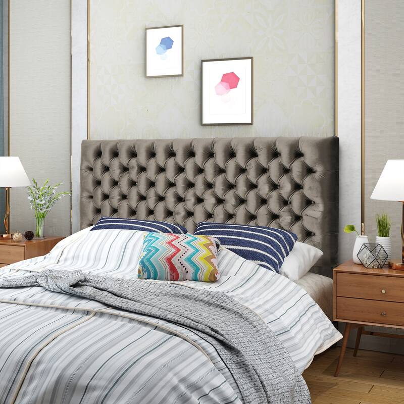 Roomfitters Adjustable Fabric Headboard with Diamond Tufting for Queen and Full Size Bed, Beige