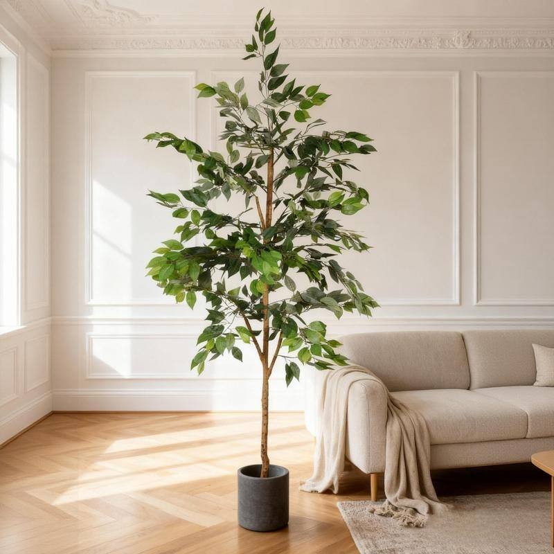 6FT Artificial Ficus Tree with Natural Trunk in Black Plastic Pot for Indoor Home Office Decor, 1pc/set
