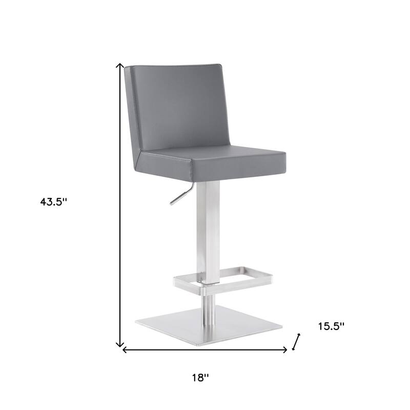 HomeRoots 24" Gray and Silver Faux Leather and Iron Adjustable Height Swivel Bar Chair