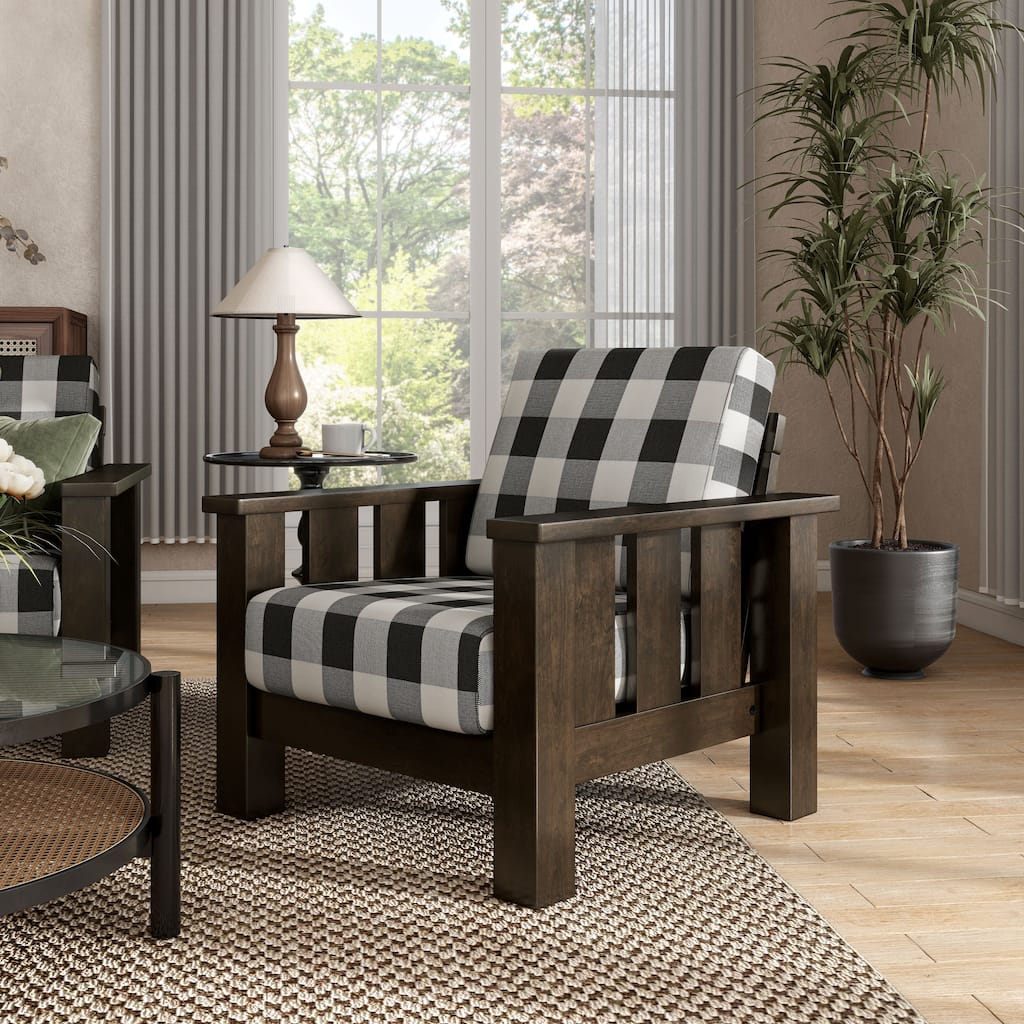 Furniture of America Milou Rustic Wood Plaid Patterned Fabric Chair