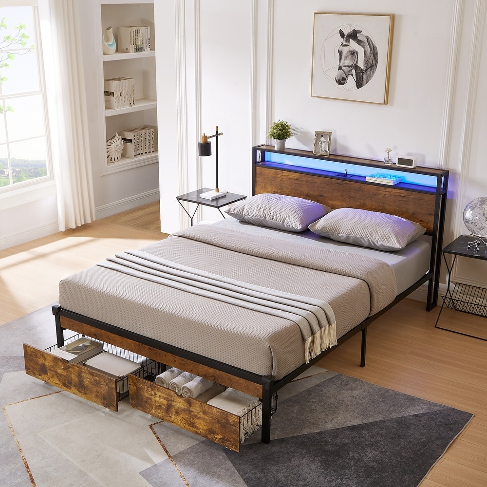 Metal Platform Bed with LED Lights and Wooden Headboard
