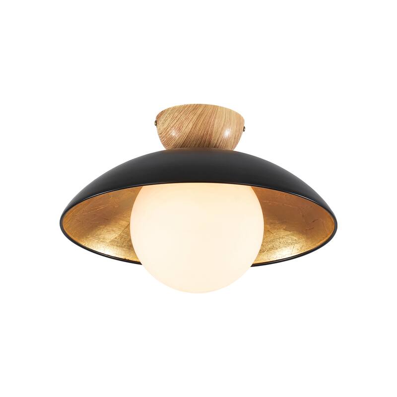 1-Light Modern Black Dome Gold Leaf Semi-Flush Mount Light w/Opal Glass Globe Bubble Shade - 14.5 in. W x 9.8 in. H