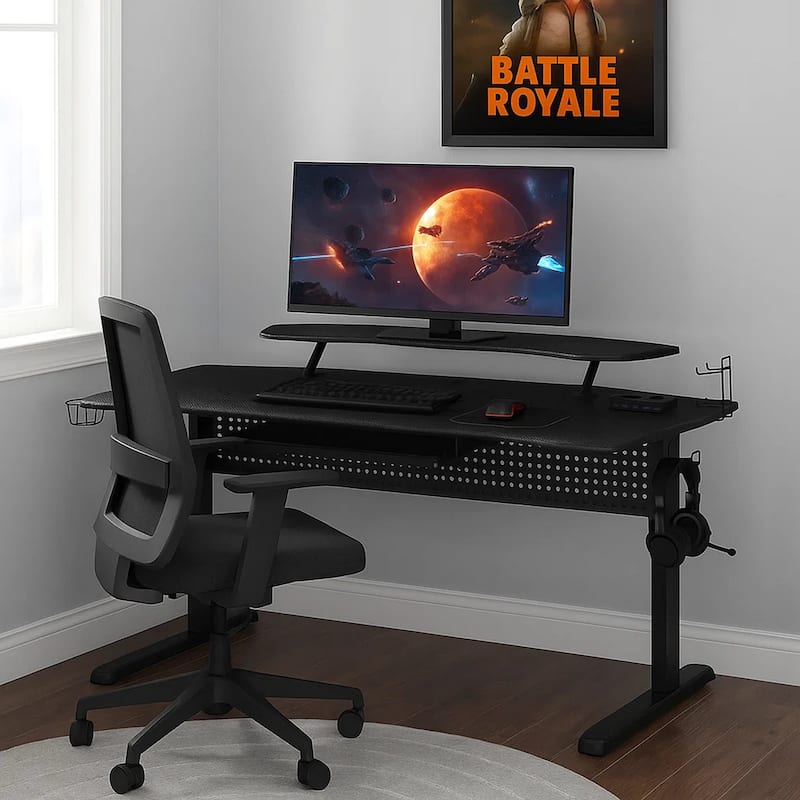 Gaming Table with USB Plugin and Headset Rack, Black