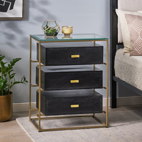Hoadley Modern Handcrafted 3 Drawer Glass Top Nightstand by Christopher Knight Home