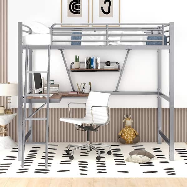 slide 2 of 12, Modern Design, Safety for Kids, Sturdy Metal Loft Bed with Built-in Desk and Shelf, Silver Silver