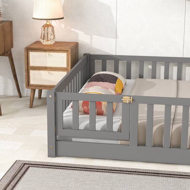 Twin/Full/Queen size Floor Platform Bed with Fence and Door for Kids, Toddlers