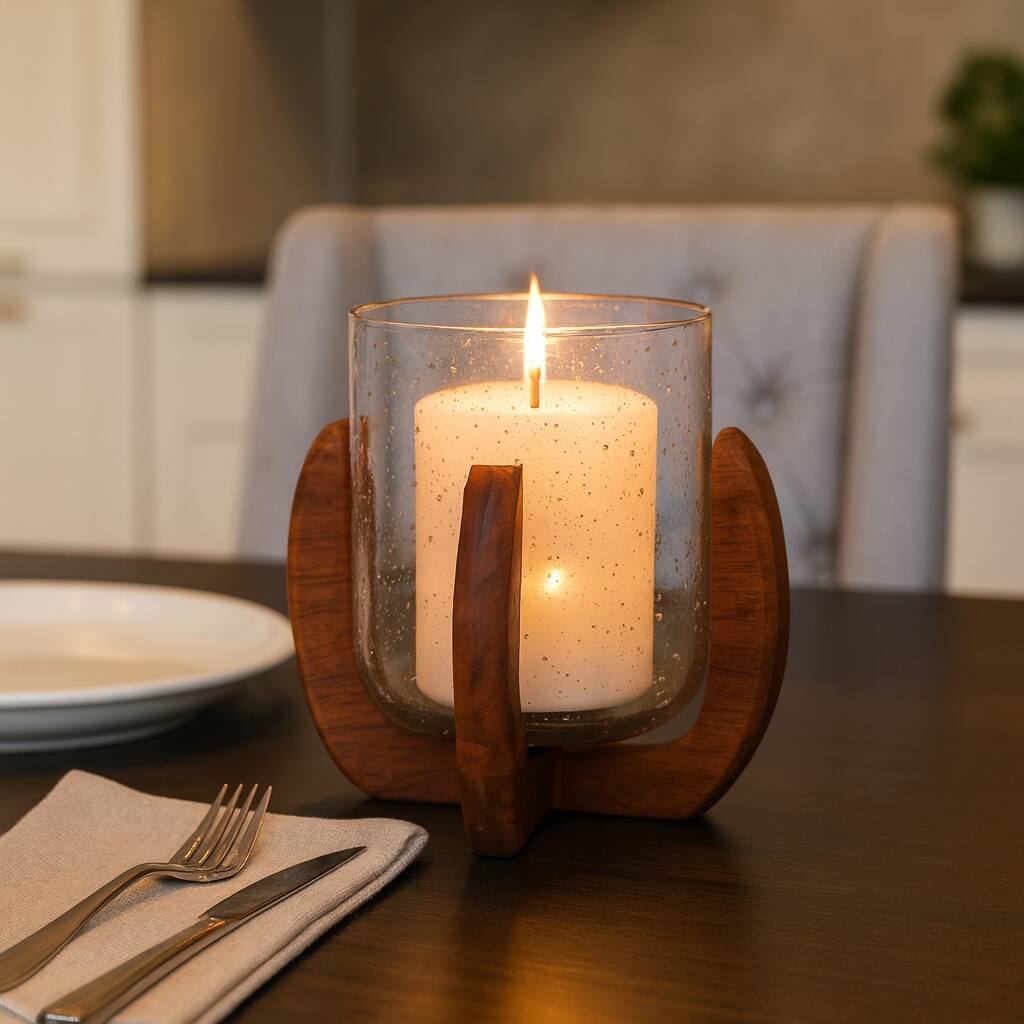 Glass Votive Candle Holder Wood Base - Brown/Clear, 7 in.