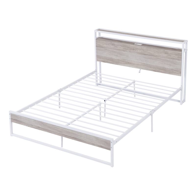White Queen Size Metal Platform Bed Frame with Sockets, USB Ports, and