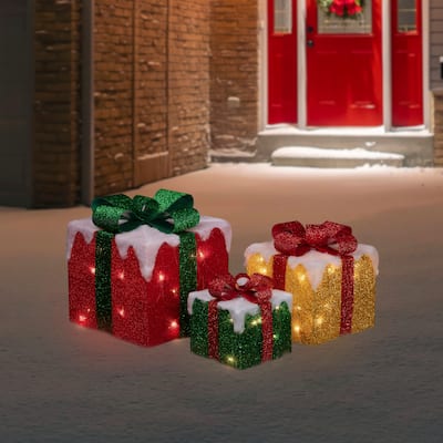 Set of 3 LED Lighted Green Gold and Red Snowy Gift Boxes Outdoor Christmas Decorations - 10"