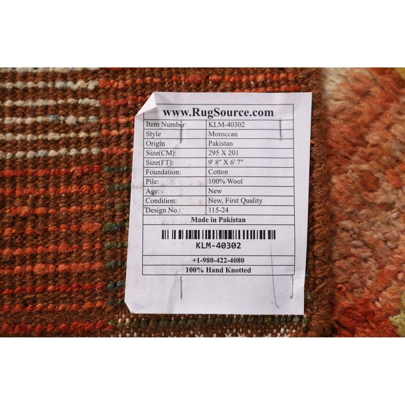 Checkered Orange Moroccan Oriental Rug Handmade Wool Carpet - 6'7" x 9'8"