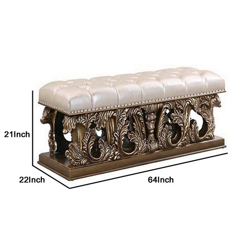 Bench with Button Tufted Seat and Heavy Scrolled Carving, Antique Gold