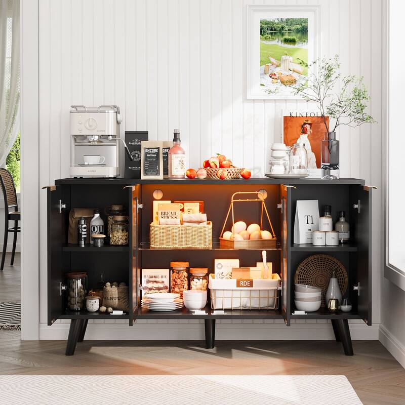 Meyreso Kitchen Sideboard Storage Cabinet with LED Light, 4 Doors