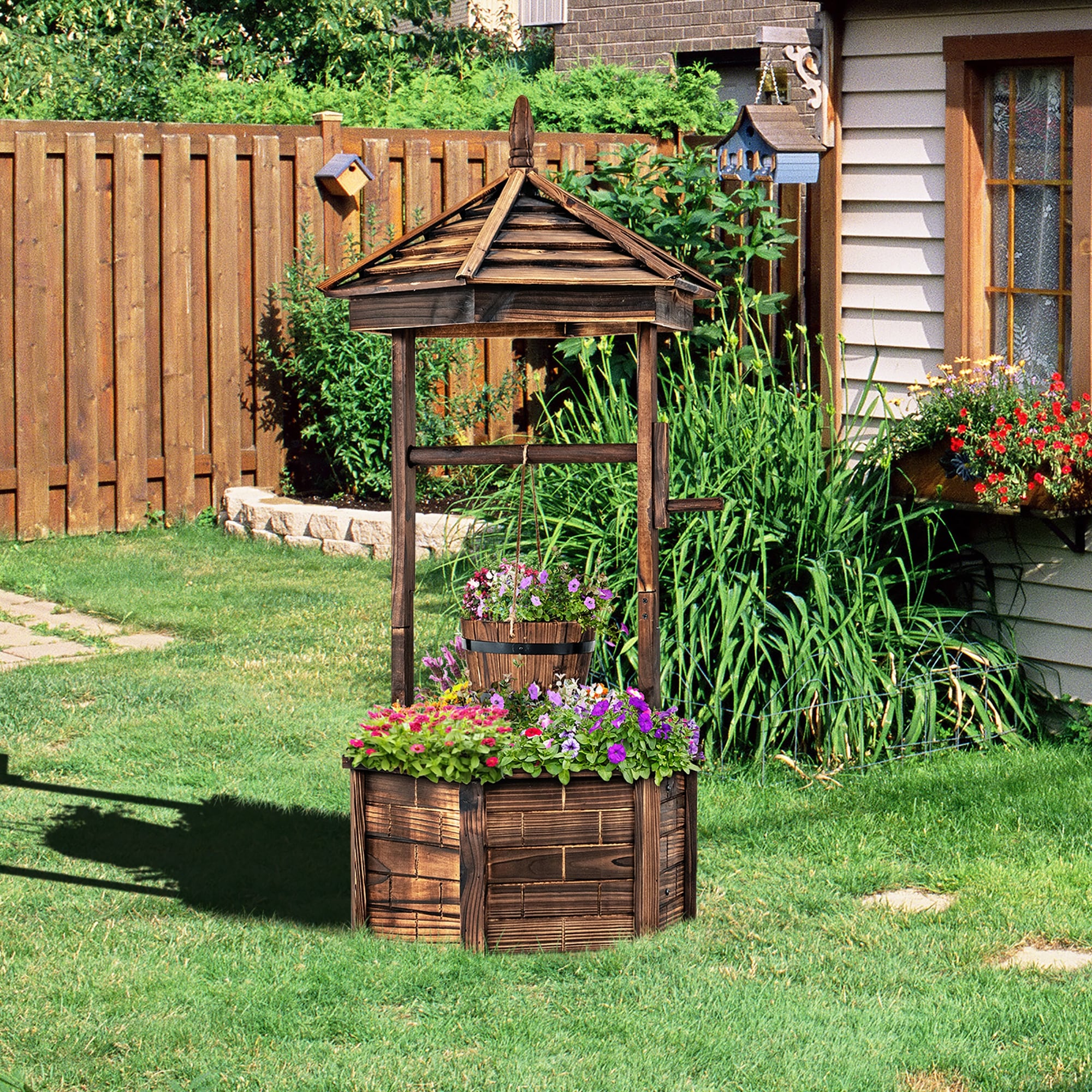 Wooden Wishing Well Hexagonal Bucket Flower Plants Planter Decor