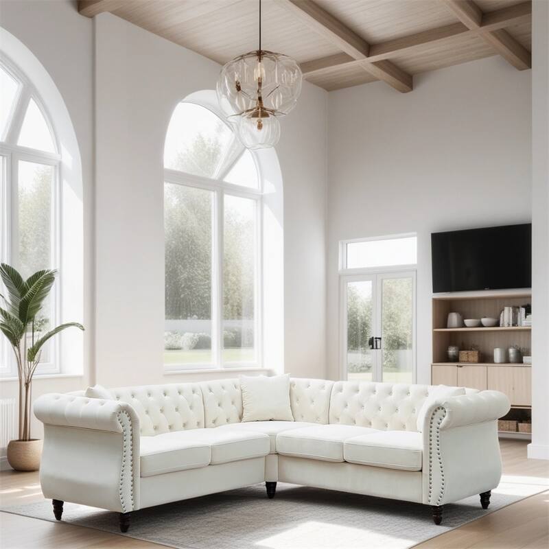5-Seater Velvet L-Shaped Sectional Sofa with 3 Pillows and Wood Frame