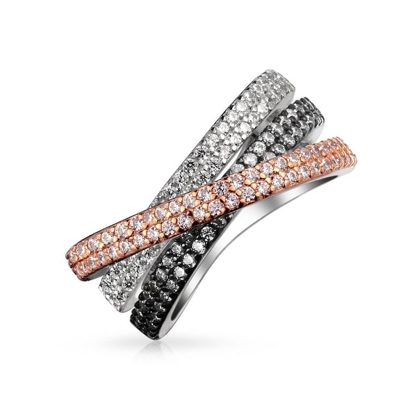 Tri Color Crossover Fashion Criss Cross Black White Pink Pave AAA CZ Statement Band Ring For Women Sliver Plated Brass