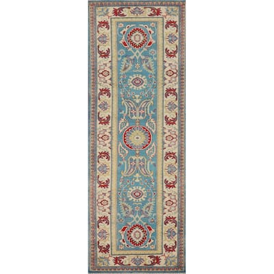 Blue Geometric Kazak Oriental Runner Rug Handmade Wool Carpet - 2'9" x 9'8"