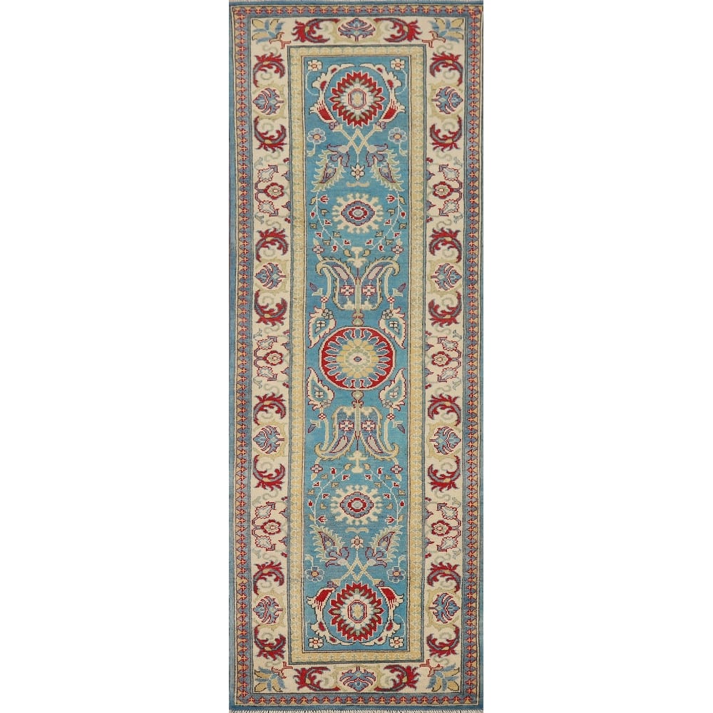 Blue Geometric Kazak Oriental Runner Rug Handmade Wool Carpet - 2'9" x 9'8"