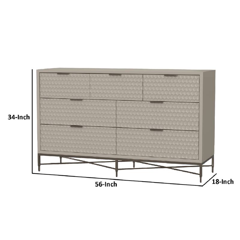 Rexi 56 Inch 7 Drawer Dresser, Honeycomb Pattern, Mahogany Wood, Taupe Gray