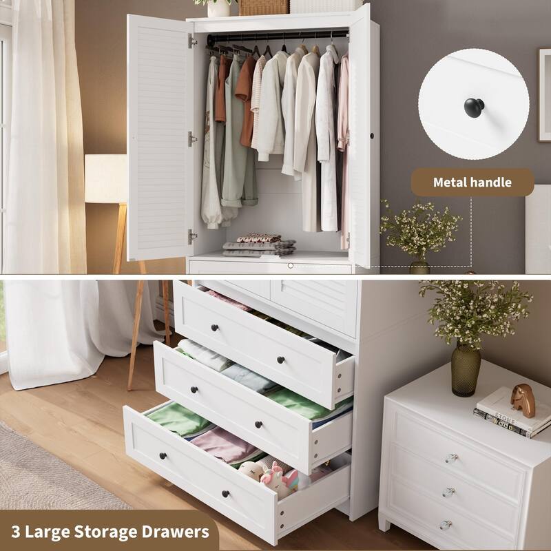Armoire Wardrobe Closet with Drawers, 69.5" Wooden Wardrobe Cabinet with Hanging Rod, 2 Doors Clothing Storage Cabinet