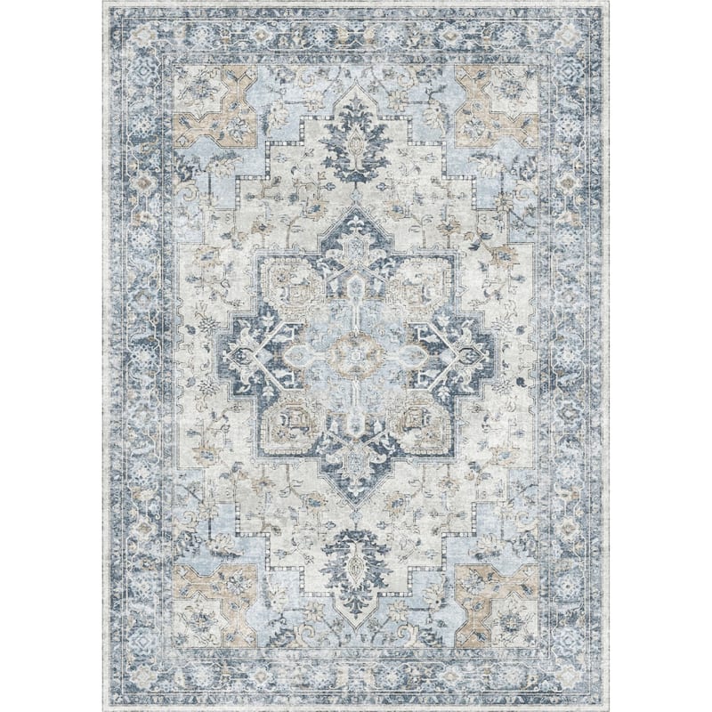 Mcow Neutral Floral Low Pile Machine Washable Non-Slip Area Rug