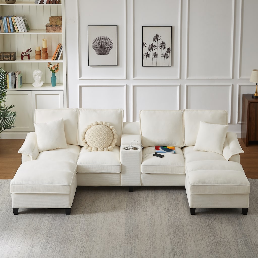 Sectional Sofa Bed Sleeper Sofa with Storage, U-Shaped 4-Seater Chaise Lounge Sofa with Cup Holders & USB Charge