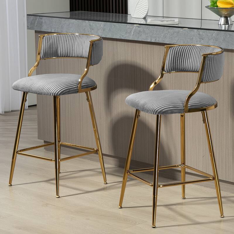 Counter Height Bar Stools Set of 2, Corduroy Upholstered Bar Chairs with Backrest, Kitchen Island Chairs with Footrest