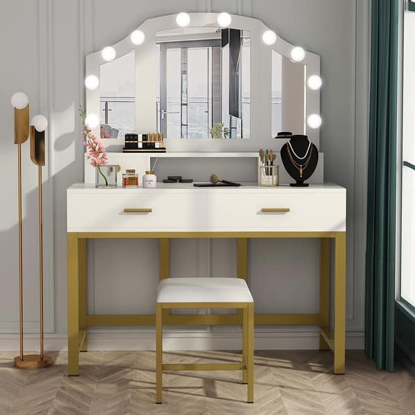 Makeup Vanity Dressing Table Stool Set With Lighted Mirror 4 Drawers White Gold White Gold Overstock 31812677