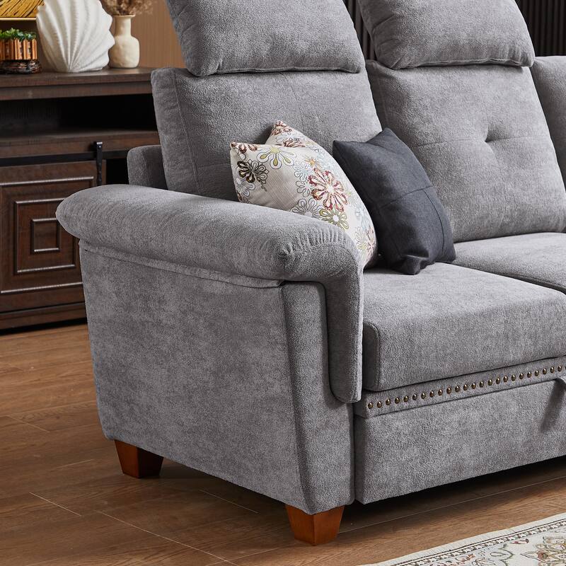 109" Modern 4 Seaters Towelling Sectional Sofa with Hidden Coffee Table Adjustable Headrest and Large Storage Space