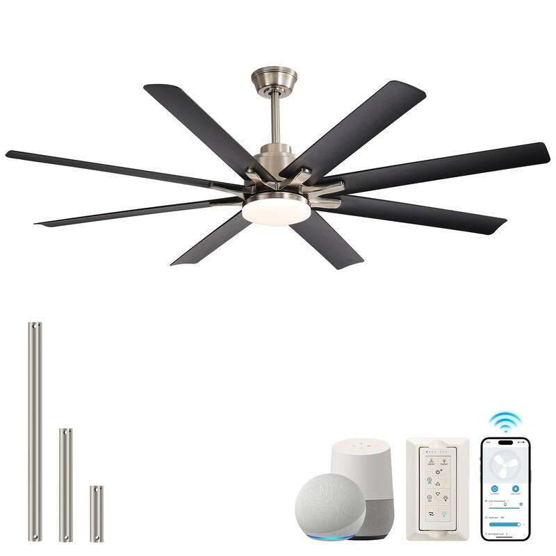 Sofucor 52 Inch Ceiling Fans with Lights and Remote,Reversible DC Motor,8 ABS Blades Indoor/Outdoor,Smart Control Optional - Smart(Remote+APP+Voice Control) - Nickel with Black Blades