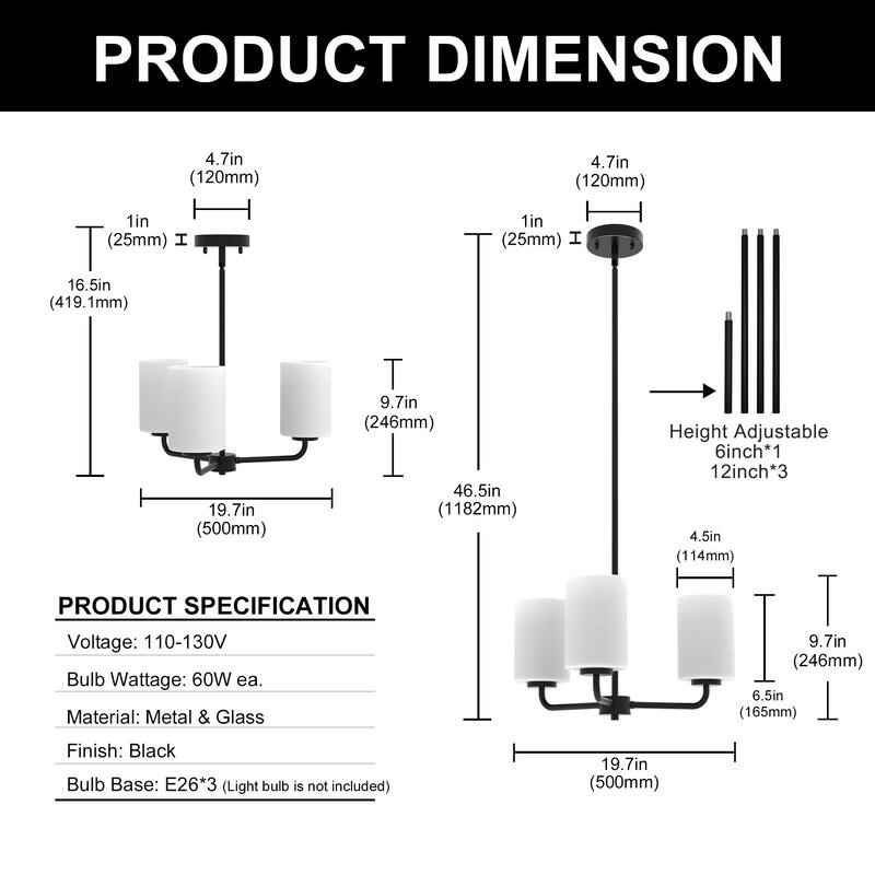 YANSUN Black Mount Light Accessories for 3-Light Pendant or Ceiling Light Fixture, E26 Base No Light Source or Shades Included - 30.2 * 29.5 * 17.8 - Black