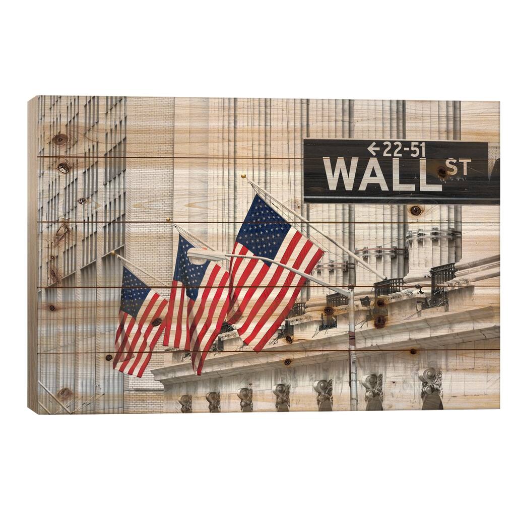 American Flags & Wall Street Signage, New York Stock Exchange, New York City, USA Print On Wood by Matteo Colombo - Multi-Color