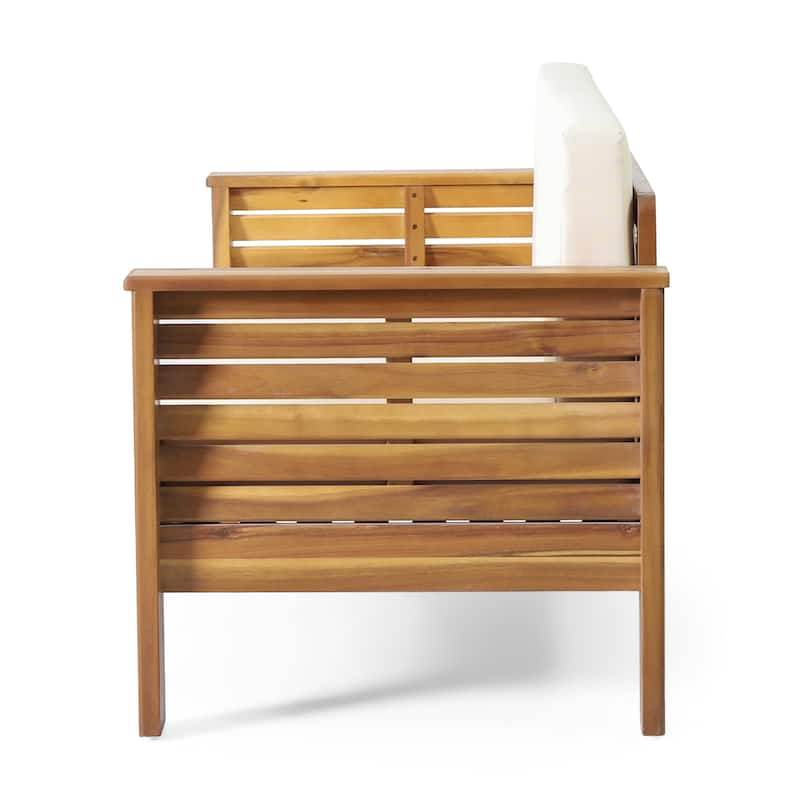 Roomfitters Outdoor Acacia Wood Loveseat and Coffee Table Set, Cream Cushions, Teak Finish, Ideal for Patio, Garden, or Porch