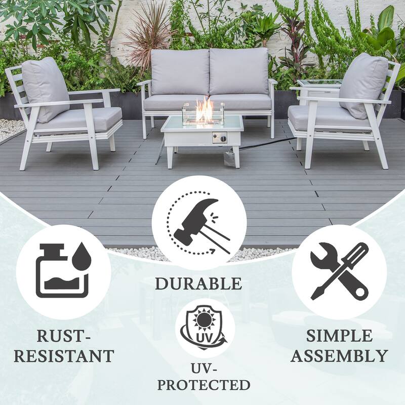 Walbrooke Modern 5-Piece Aluminum Patio Polyester Seating Furniture Set with 37,000 BTU Propane Fire Pit Table and Tank Holder