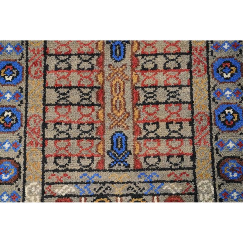 Hand Knotted Oriental 100% Wool Carpet Traditional Tribal Greys & Charcoal Kazak Runner Rug - 9' 11'' X 2' 7''