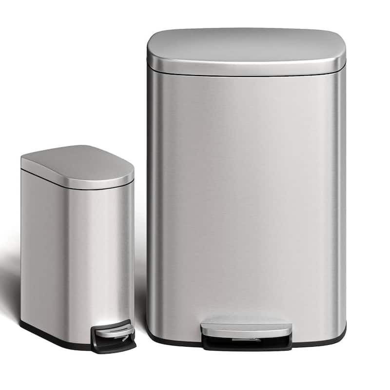 13.2 & 2.6 Gallon Kitchen Trash Can, Step-On Pedal Bins Combo Set - Silver