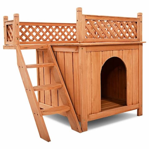 Wood Pet Dog House with Roof Balcony & Bed Shelter - 29" x 21" x 26" (L x W x H)