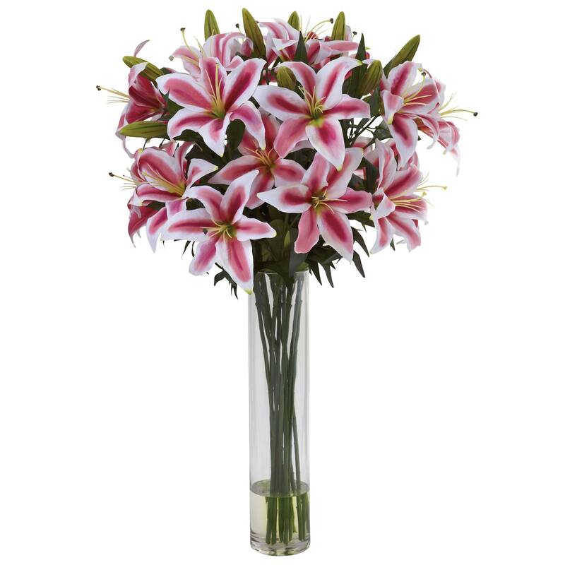 Lily Floral Arrangement with Cylinder Vase - Large Decorative Flowers for Home Office Décor - Pink - 22