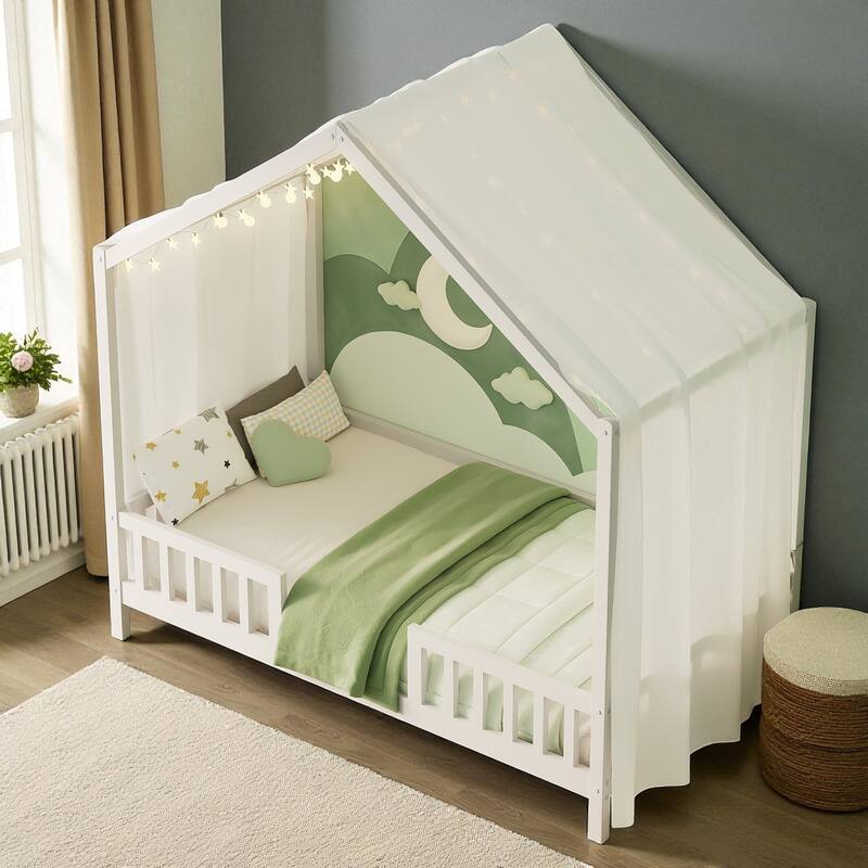 Montessori House Bed with Canopy, Twin/Full Kids Floor Bed Frame with High Railings, Wooden Roof Bed for Toddlers and Children