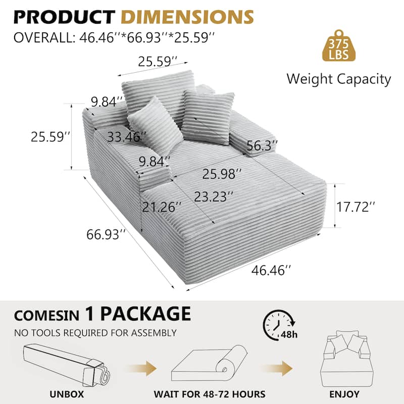 Deep Seat Chaise Lounge Chair, Wide Armrest Sleeper Sofa with Three Soft Pillows, Convertible Boneless Sofa Bed Daybed