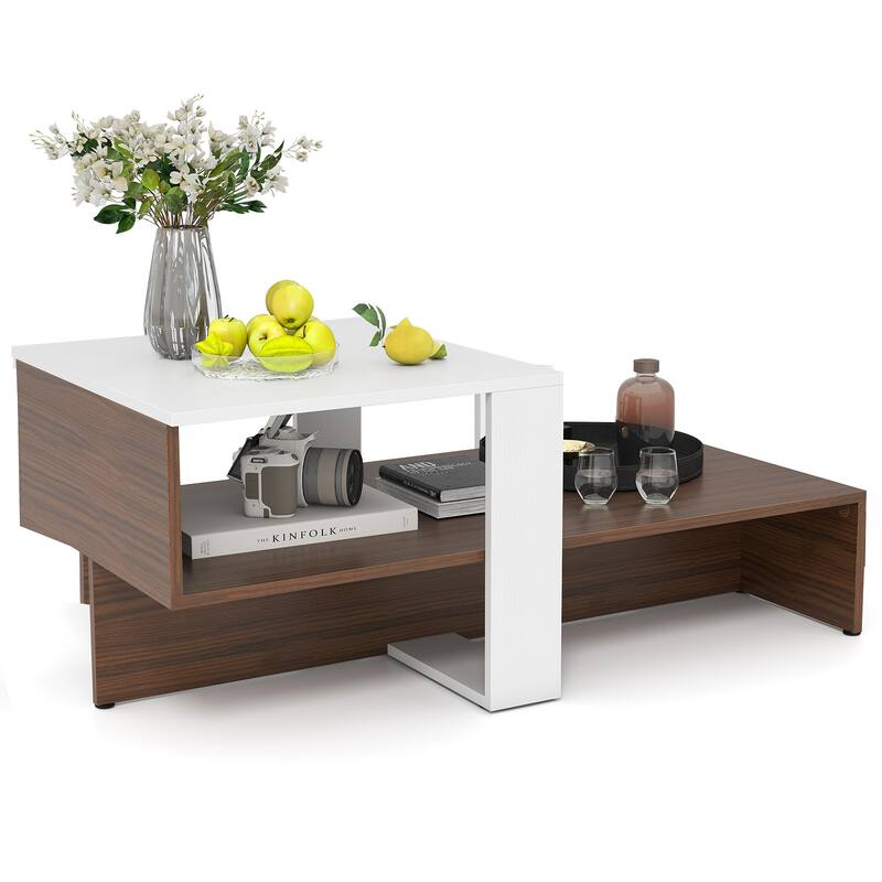 2-Tier Geometric Coffee Table with Storage Shelves for Living Room and Reception Room-White and Brown - Multi