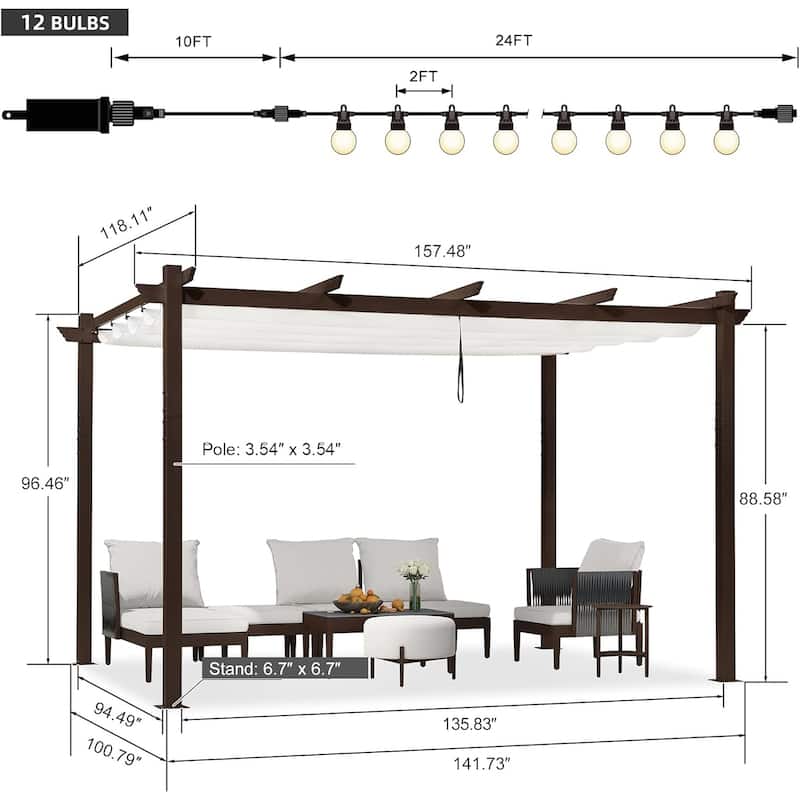 PURPLE LEAF Outdoor Retractable Bronze Metal Pergola w Canopy for Beach Deck Gazebo