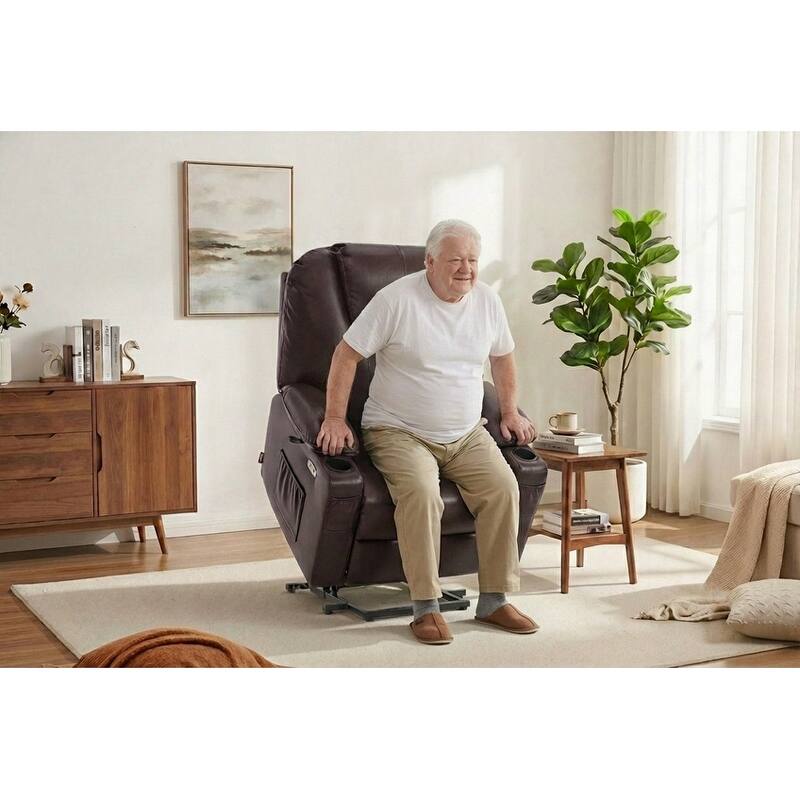 MCombo Large-Wide Power Lift Recliner Chair Sofa with Massage and Heat for Elderly People, Faux Leather R7510 - Dark Brown