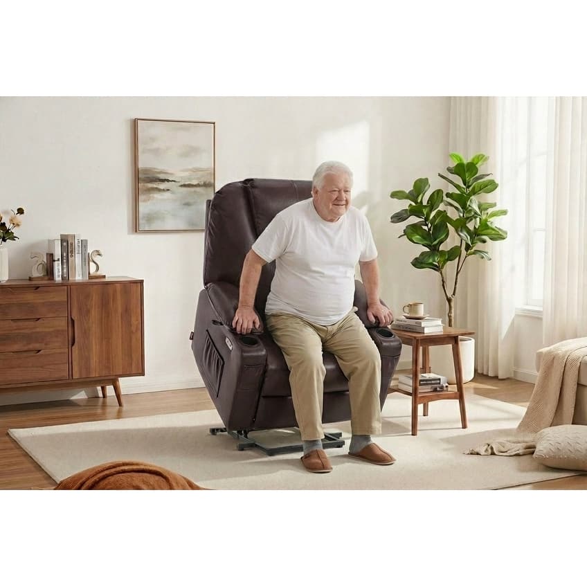 MCombo Large-Wide Power Lift Recliner Chair Sofa with Massage and Heat for Elderly People, Faux Leather R7510